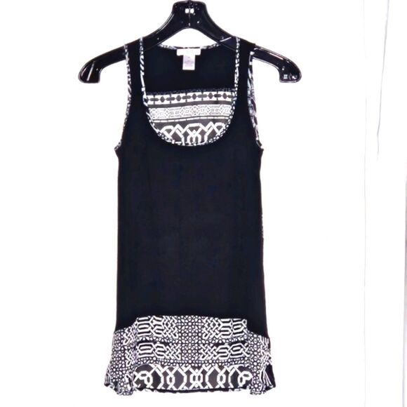Cache Black White Geometric Print High Low Geometric Print Semi Sheer Tank Top - Picture 1 of 8